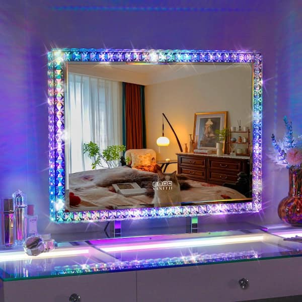 VANITII 32'' x 24'' Vanity Mirror With Bluetooth Player  RGB Lights Premium Crystal Cosmetic Tabletop White