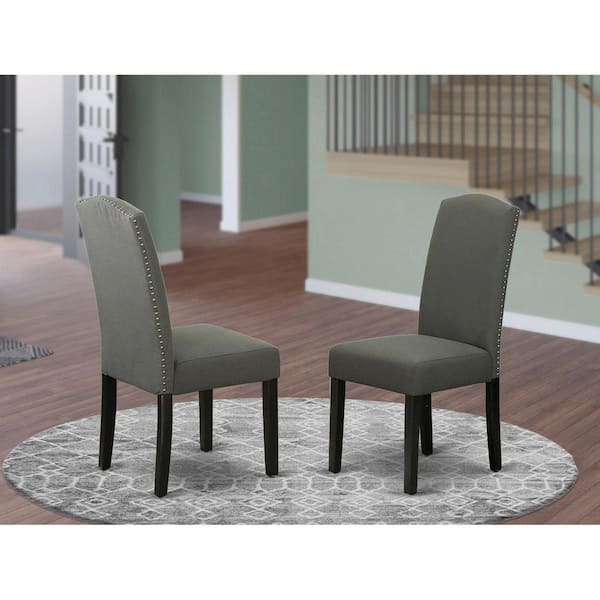 East West Furniture Black, Parson Kitchen Chairs - Nailhead Trim Dark Gotham Linen Fabric Upholstered Dining Chairs, Set Of 2