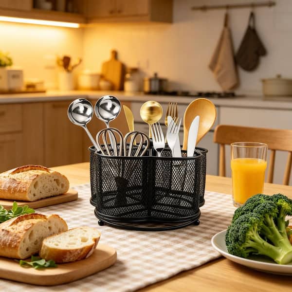 360° Rotating Utensil Storage Rack for Kitchen Countertop, Suitable for Tableware Organizing and Camping, Black