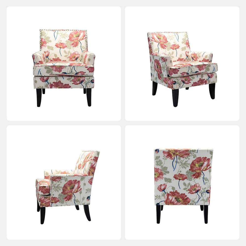 Red Floral Upholstered Accent Chair with Nailhead Trim