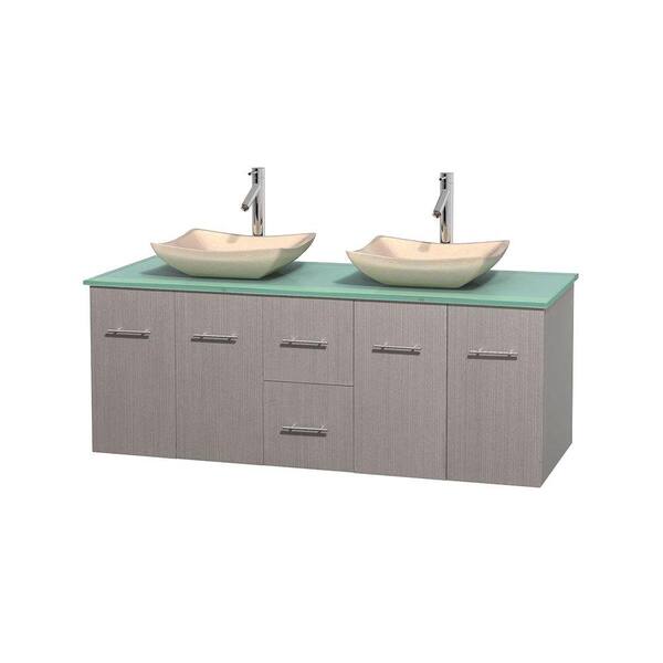 Wyndham Collection Centra 60 in. Double Vanity in Gray Oak with Glass Vanity Top in Green and Sinks