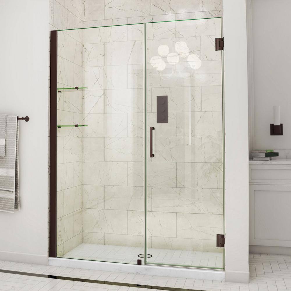 Unidoor 61" Frameless Hinged Shower Door in Oil Rubbed Bronze