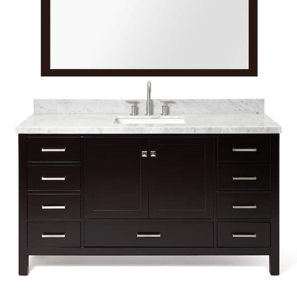 Ariel Cambridge 61 in. Bath Vanity in Espresso with Marble Vanity Top in Carrara White with White Basins and Mirror
