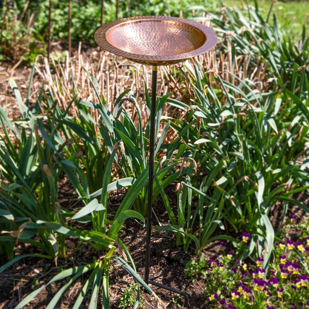 Hand-Hammered Copper Standing Bird Bath with Iron Stake