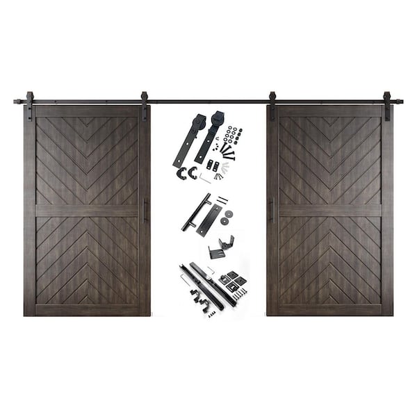 JT4 50 in. x 80 in. C-Panel Ebony Fishbone Design Double Pine Wood Sliding Barn Door with Hardware Kit