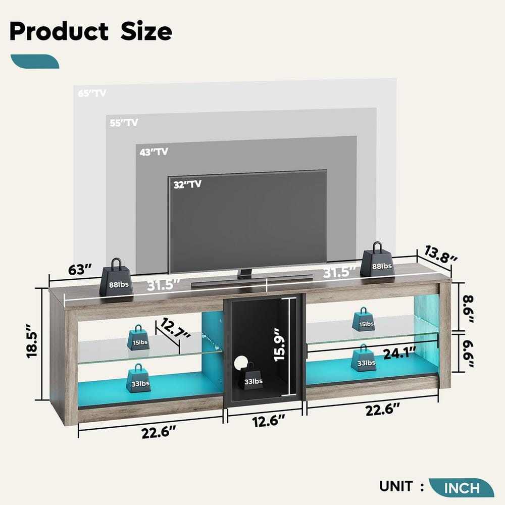 Grey Wash 63" TV Stand with LED Lights and Glass Shelves