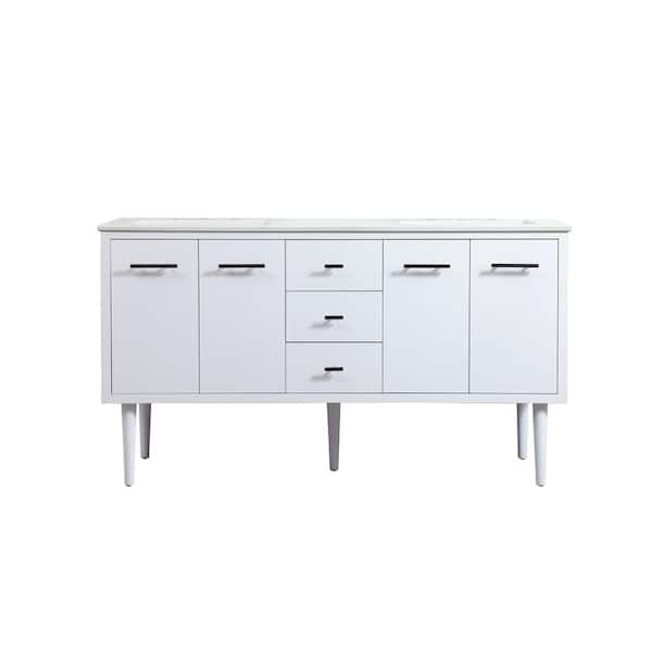 Unbranded Simply Living 60 in. W x 22 in. D x 33.5 in. H Bath Vanity in White with Ivory White Engineered Marble Top
