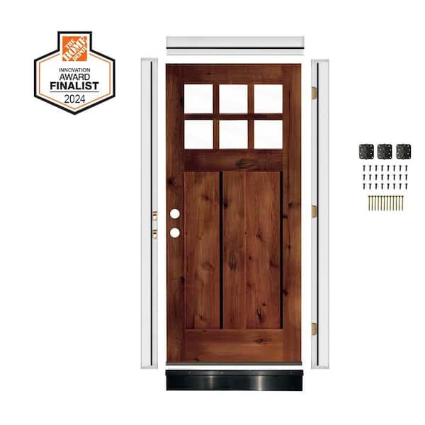 DIY RTA Kit 32in.x80in. Alder Right-Hand/Inswing 6-Lite Clear Glass Red Chestnut Stain Wood Ready To Assemble Front Door