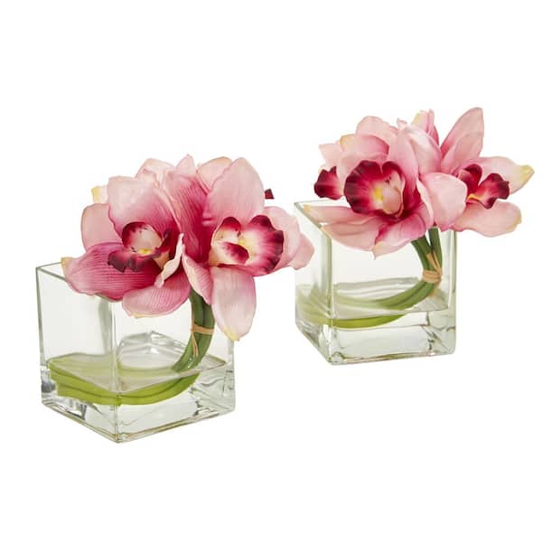 Nearly Natural Indoor Cymbidium Orchid Artificial Arrangement in Glass Vase (Set of 2)