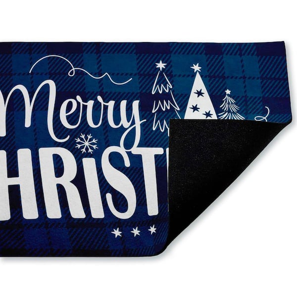 Blue Toned Merry Christmas Blue 18 in. x 30 in. Polyester Non-Slip Outdoor Door Mat