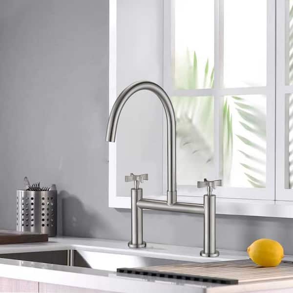 Unbranded Double Handle Bridge Kitchen Faucet, 360° Swivel Stainless Steel Efficient Water in Brushed Nickel