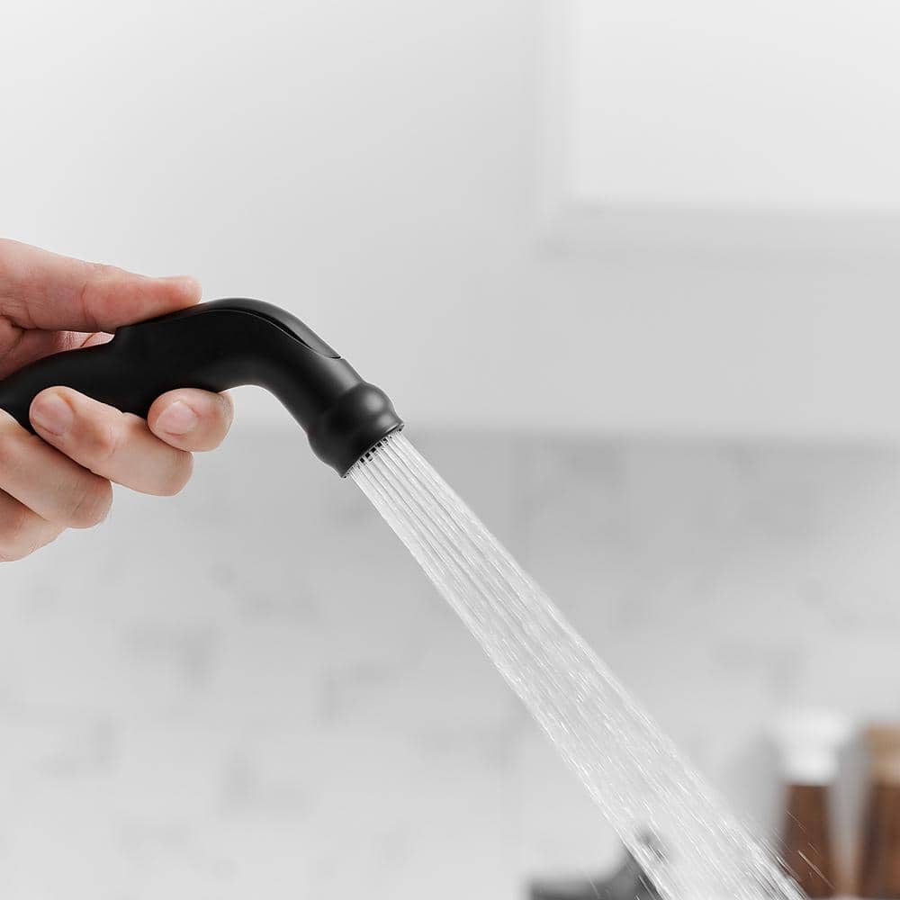Matte Black Double Handle Bridge Kitchen Faucet with Pull-out Spray