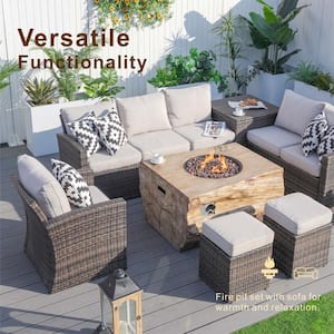 Strip 7-Pieces Rock and Fiberglass Fire Pit Table Brown Wicker Conversation Set with Beige Cushions and a Storage Box