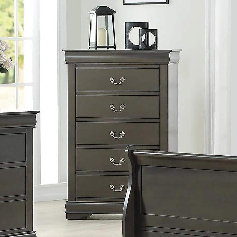 Elegant Gray Wooden Chest with Five Dovetail Drawers and Nickel Handles
