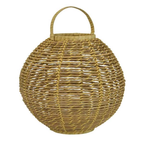 Benjara Yellow and Brown Polyurethane Oval Shape Tabletop Decor Lantern with Woven Fiber Frame