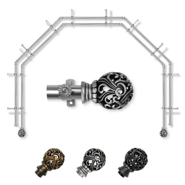 EMOH 13/16" Dia Adjustable 5-Sided Double Bay Window Curtain Rod 28 to 48" (each side) with Cruz Finials in Satin Nickel