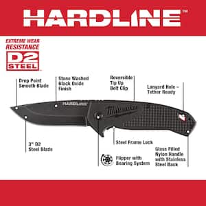 3 in. Hardline D2 Steel Smooth Blade Pocket Folding Knife and 5 in. Hardline AUS-8 Steel Fixed Blade Knife