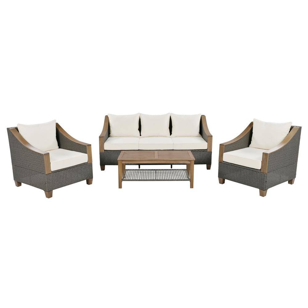 4-Piece Outdoor Wicker Patio Conversation Set with Beige Cushions, Patio Se
