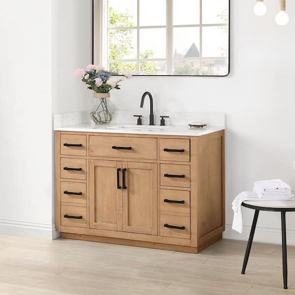 Gavino 48 in. W x 22 in. D x 34 in. H Bath Vanity in Light Brown with Grain White Composite Stone Top