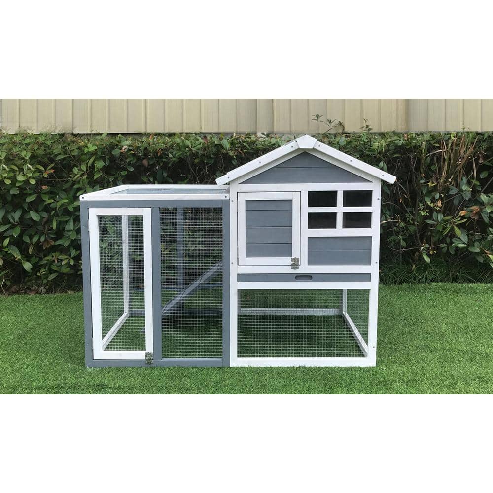 Gray and White Wooden Rabbit Hutch with Wire Mesh Run