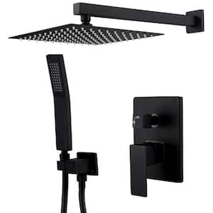 Single Handle 2-Spray Square High Pressure Shower Faucet with Hand Shower in Matte Black Ceramic Disc (Valve Included)