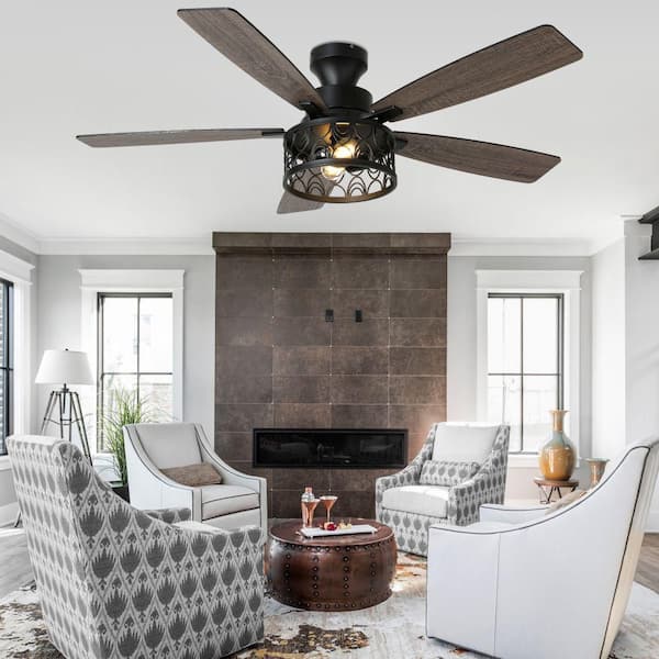 Paine 52 in. Indoor Standard Black Modern Industrial Ceiling Fan with Light, Reversible Flush Mount Ceiling Fan W/Remote