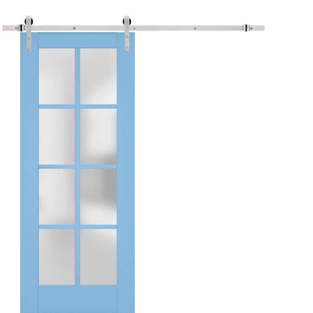 Assembly Required 32 in. x 84 in. 1-Panel Frosted Glass Aquamarine Solid Wood Sliding Barn Door with Hardware Kit price history on PriceWatchPro