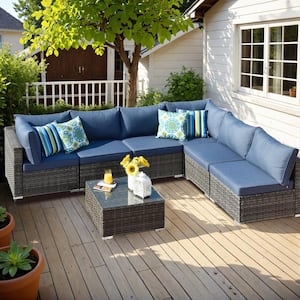 Gemini 7-Piece Wicker Outdoor Sectional Set with Denim Blue Cushions