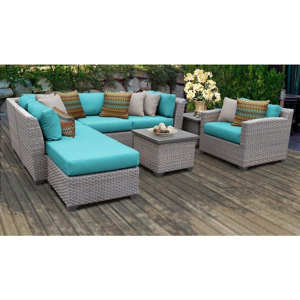 Florence 8 Piece Wicker Outdoor Patio Conversation Set with Aruba Blue Cushions