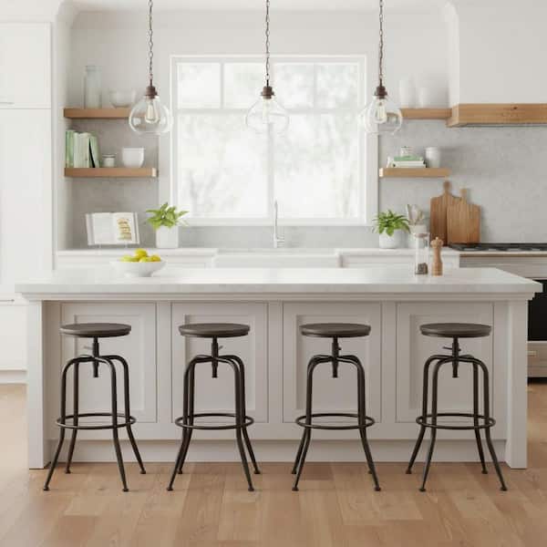 Ana 30.3 in. Adjustable Height Walnut Backless Metal Frame Swivel Industrial Bar Stool with Wood Seat (Set of 4)