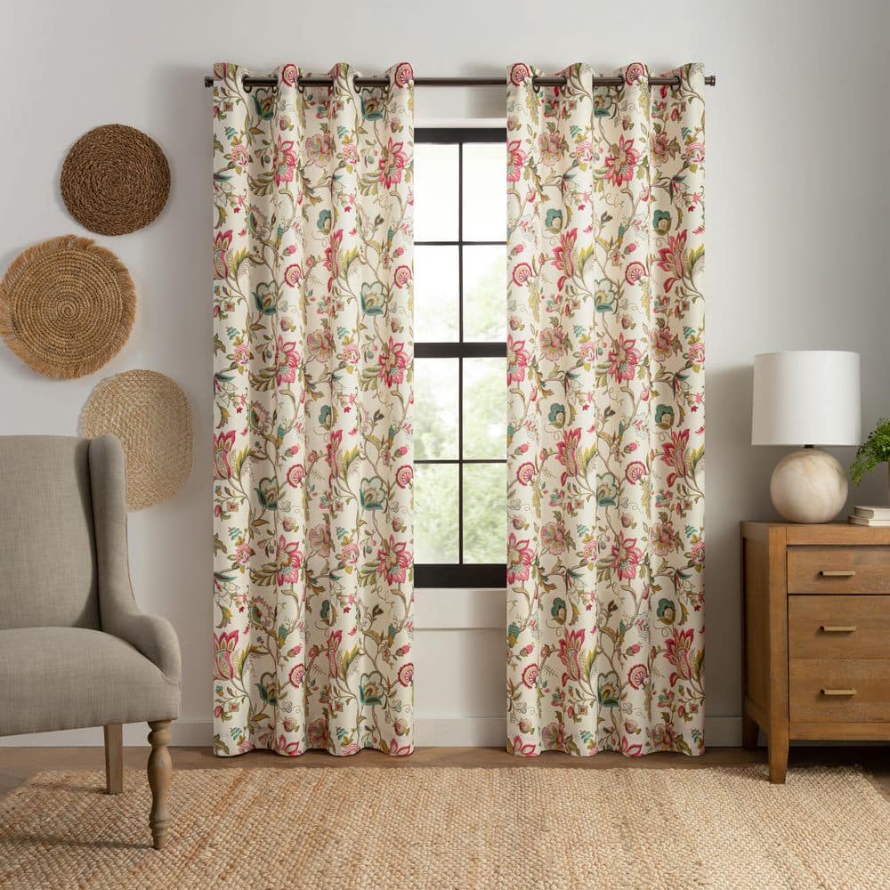 Brissac Red/Pink Floral Grommet Room Darkening Curtain - 50 in. W x 63 in. 