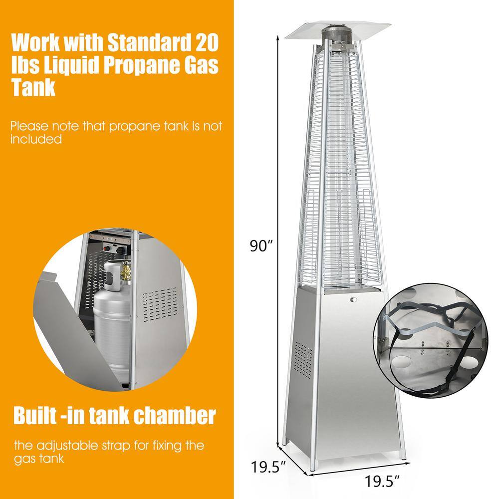 90'' Silver Stainless Steel Pyramid Patio Heater with Glass Tube