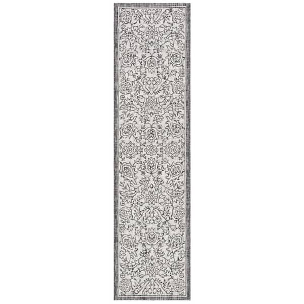 Courtyard Gray/Black 2 ft. x 9 ft. Floral Ornate Abstract Indoor/Outdoor Runner Rug
