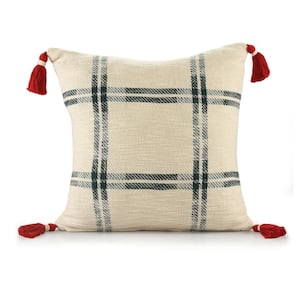 Woven Ivory / Green / Red 20 in. x 20 in. Holiday Plaid Throw Pillow
