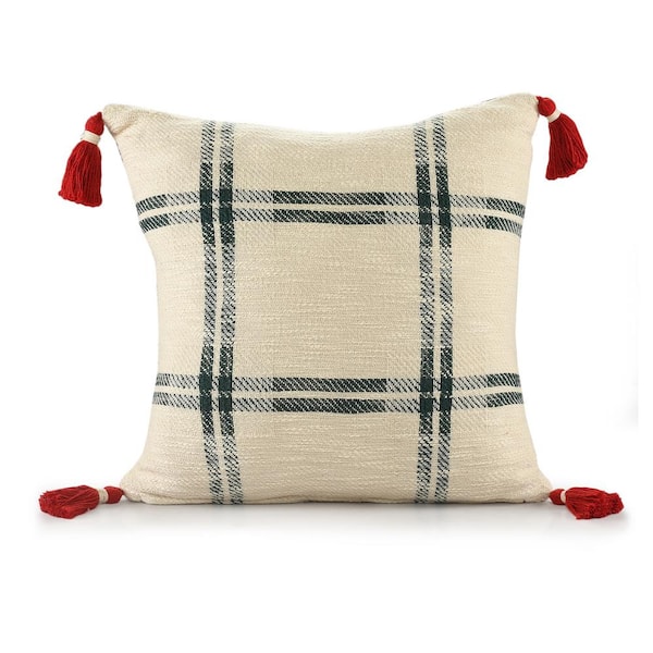 Unbranded Woven Ivory / Green / Red 20 in. x 20 in. Holiday Plaid Indoor Throw Pillow