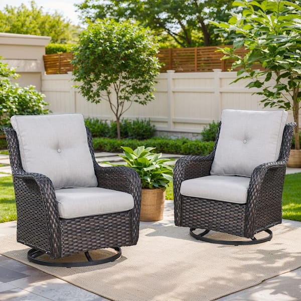 Brown Swivel Wicker Outdoor Rocking Chair with Beige Cushions and Glide Function (2-Pack)