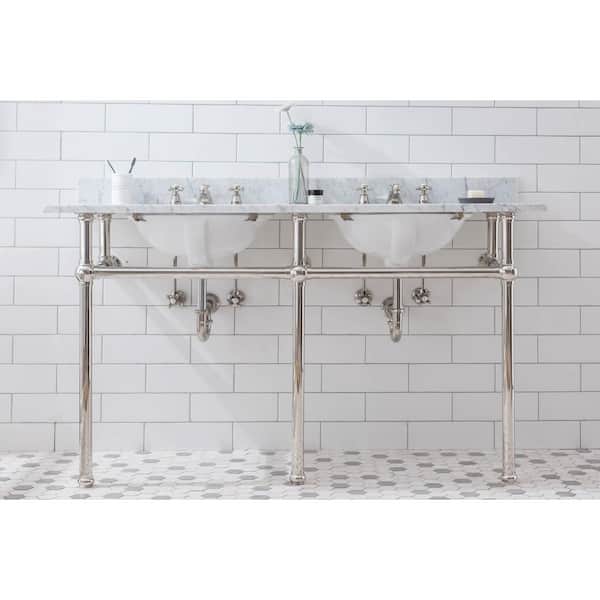 Water Creation Embassy 60 in. Double Sink Carrara White Marble Countertop Washstand in Polished Nickel PVD with P-Trap