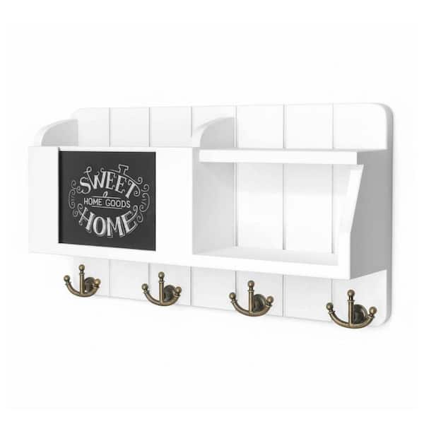 16 in. W x 3.2 in. D White Wood Decorative Wall Shelf Mail Organizer Wall Mount with Chalkboard & Sayings