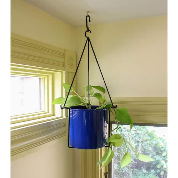 22.5in.Hx10.5in.W, Black Wrought Iron Indoor Outdoor Vera Hanging Planter w/Cylindrical French Blue Galvanized Steel Pot