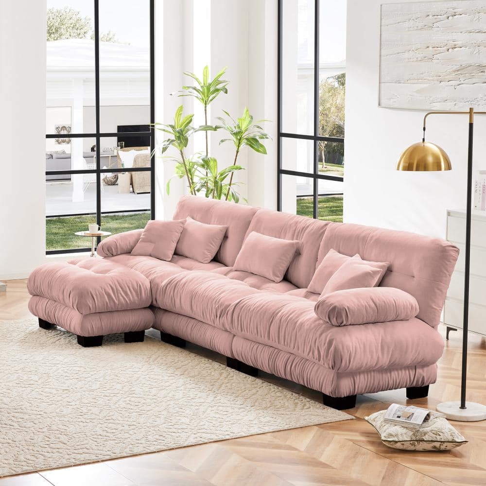134 in. Rolled Arm Chenille Cloud Couch L-Shaped Deluxe Pillow-Styled Modular Sectional Sofa with Ottoman in. Pink price history on PriceWatchPro