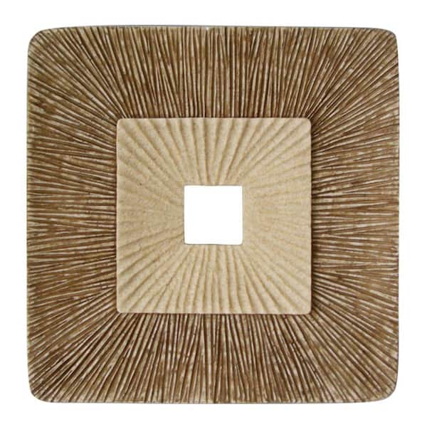 Benjara Sandstone Brown and Beige Square Sandstone Wall Decor with Ribbed Details Small