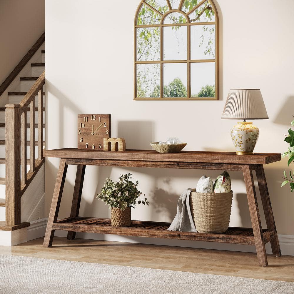 70.9-Inch Rustic Brown Wooden Console Table with Storage