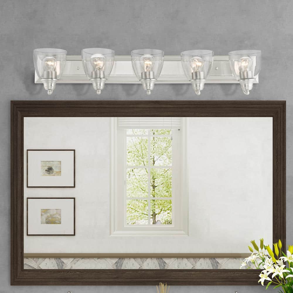 Brushed Nickel 5-Light Bathroom Vanity with Clear Glass Shades