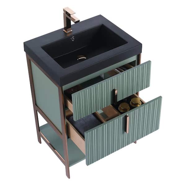 FINE FIXTURES 24 in. W x 18 in. D x 33.5 in. H Mint Green Bath Vanity with Black Gel Coated Acrylic Top with Rose Gold Hardware