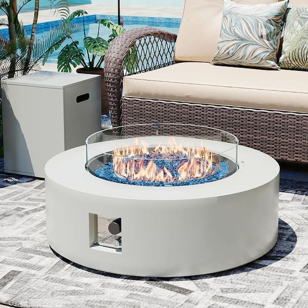 PATIOGUARDER 42 in. Round Iron Outdoor Fire Pit Table with Tank Cover, Lid, Wind Guard and Rain Cover in White
