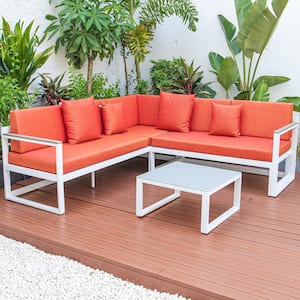 Chelsea White 3-Piece Aluminum Outdoor Patio Sectional Seating Set Adjustable Headrest & Table with Orange Cushions
