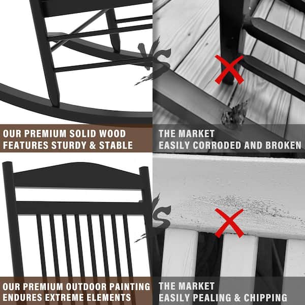 Black Wooden Patio Outdoor Rocking Chair Set (3-Pieces)