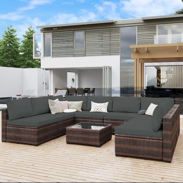 9-Piece Rattan Wicker Patio Conversation Seating Set with Coffee Table and Dark Gray Cushions