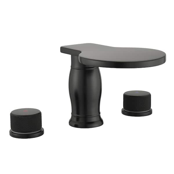 FORCLOVER Double Handle Deck-Mount Waterfall Roman Tub Faucet with Circular Arc Design Faucet in Matte Black