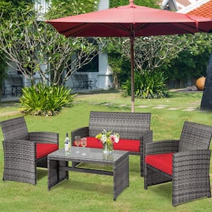 4-Pieces Patio Outdoor Rattan Conversation Furniture Set with Red Cushion